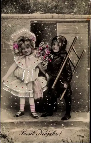 Ak Glückwunsch Neujahr, Kinder, Schornsteinfeger, Leiter