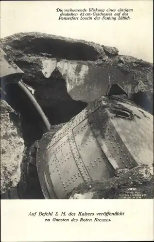 Ak Verheerende Wirkung eines einzigen dt. 42 cm Geschosses auf Panzerfort Loucin, Festung Lüttich