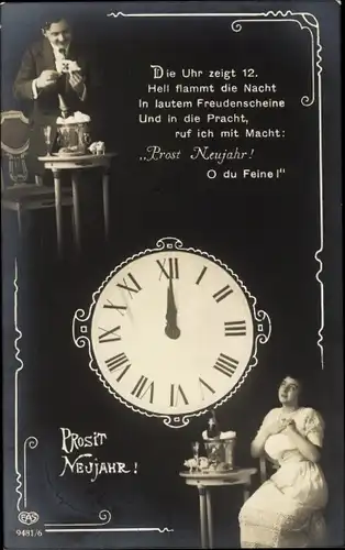 Ak Glückwunsch Neujahr, Liebespaar, Sektflasche, Uhr
