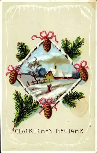 Präge Ak Glückwunsch Neujahr, Haus, Tannenzapfen