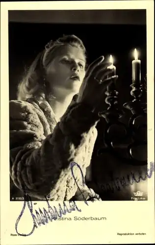 Ak Schauspielerin Kristina Söderbaum, Portrait, Pelz, Kerzenleuchter, Autogramm