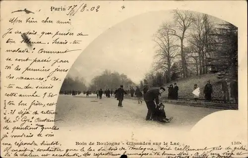 Ak Paris XVI Passy, Bois de Boulogne, Rutschen auf dem See