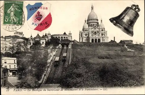 Ak Paris XVIII. Montmartre, Basilika Sacré-Coeur und die Standseilbahn, Wappen, Glocke