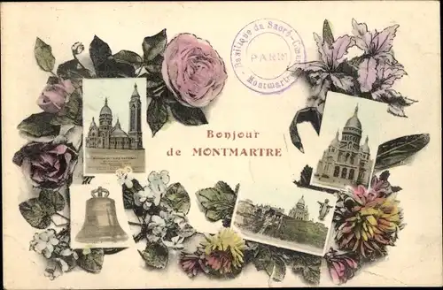 Passepartout Ak Paris XVIII., Montmartre, Basilika des Nationalgelübdes, Glocke, Rosen
