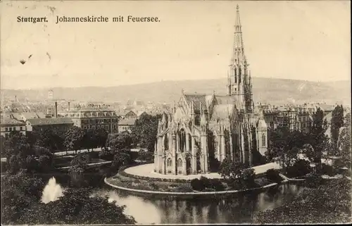 Ak Stuttgart am Neckar, Johanneskirche, Feuersee