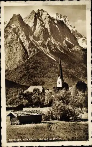 Ak Garmisch Partenkirchen in Oberbayern, Alte Pfarrkirche, Zugspitze, Waxenstein