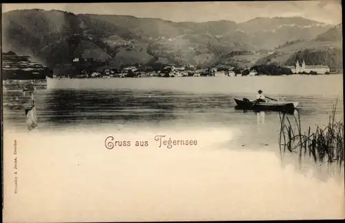 Ak Tegernsee in Oberbayern, Panorama, Ruderboot