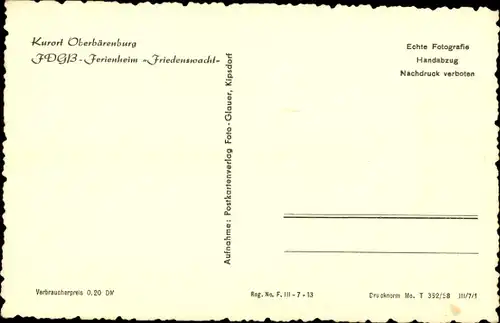 Ak Oberbärenburg Altenberg im Erzgebirge, FDGB-Ferienheim Friedenswacht