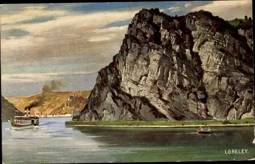 Künstler Ak Loreley Rhein, Dampfer am hohen Felsen, Sage