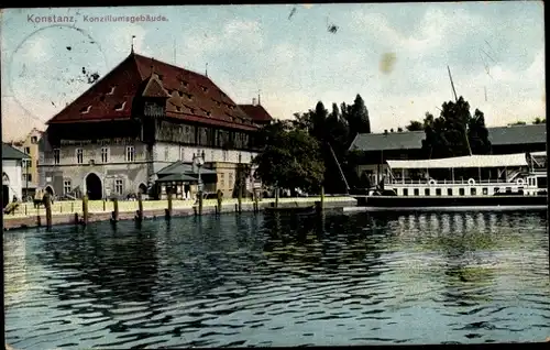 Ak Konstanz am Bodensee, Konziliumsgebäude am Hafen, Dampfer