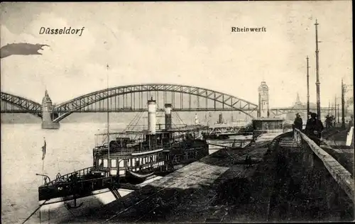 Ak Düsseldorf am Rhein, Rheinwerft, Brücke, Schiff