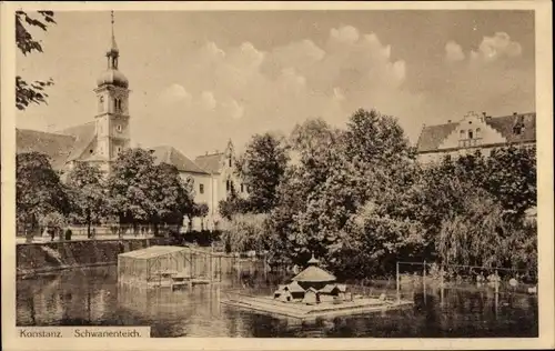 Ak Konstanz am Bodensee, Schwanenteich, Kirchturm