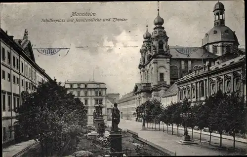 Ak Mannheim in Baden, Schillerplatz, Jesuitenkirche, Theater