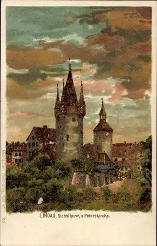 Künstler Ak Lindau am Bodensee Schwaben, Diebsturm, Peterskirche