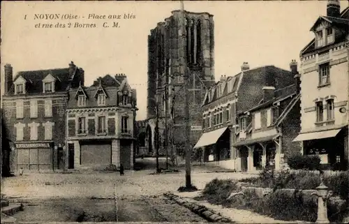 Ak Noyon Oise, Place aux bles, Rue des 2 Bornes, Turm