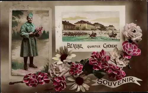 Ak Beaune Côte d’Or, Soldat mit Blumen, Quartier Colbert