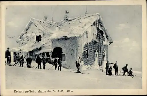 Ak Hohenberg in Niederösterreich, Reisalpen Schutzhaus, Skifahrer