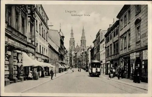 Ak Legnica Liegnitz Schlesien, Goldberger Straße, Straßenbahn