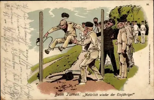 Litho Deutsche Soldaten in Uniformen, beim Turnen, Einjährige