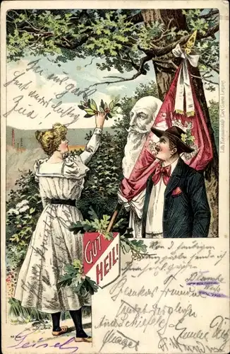 Präge Litho Büste von Turnvater Jahn, Mann mit Fahne, Frau, Gut Heil