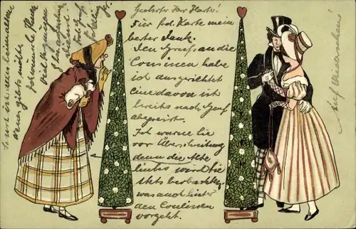 Litho Liebespaar hinter einem Baum, alte Frau beobachtet sie