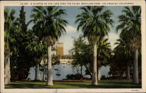 Ak Los Angeles Kalifornien USA, Blick aus dem Westlake Park zur Stadt, Hochhaus, Palmen