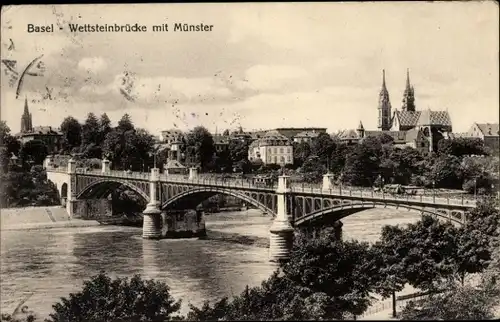 Ak Basel Bâle Stadt Schweiz, Wettsteinbrücke mit Münster