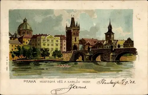 Litho Praha Prag, Brückentor mit der Karlsbrücke