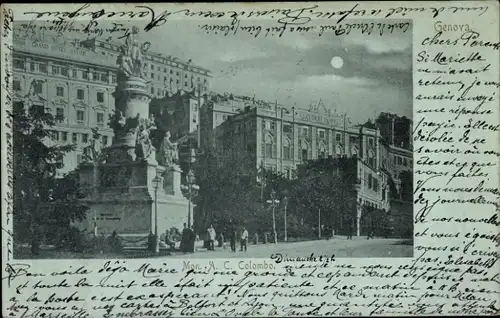 Mondschein Ak Genova Genua Liguria, Monumento a Cristoforo Colombo