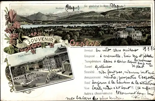 Litho Genève Genf Schweiz, Panorama, die Alpen, Place Neuve