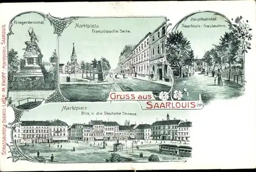 Litho Saarlouis im Saarland, Kriegerdenkmal, Markt, Hauptbahnhof