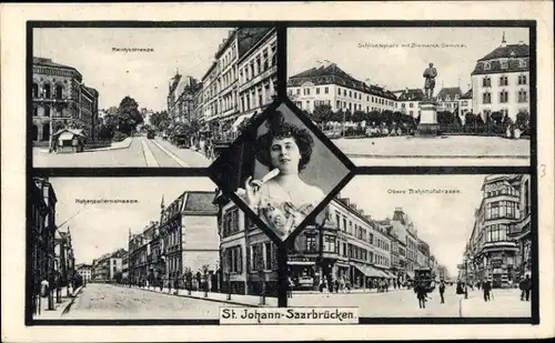 Ak St. Johann Saarbrücken im Saarland, Reichsstraße, Schlossplatz, Bismarck Denkmal, Dame