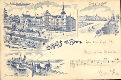 Litho Bonn am Rhein, neue Rheinbrücke, alter Zoll, Hotel Beiderbeck z. Vater Arndt