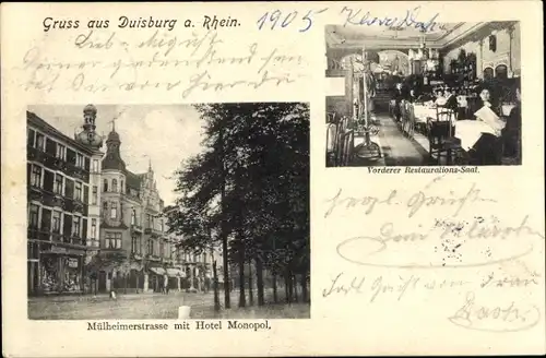 Ak Duisburg im Ruhrgebiet, Mülheimer Straße, Hotel Monopol, Vorderer Restaurations-Saal