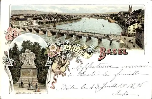 Litho Bâle Basel Stadt Schweiz, Rheinbrücke, Straßburger Denkmal