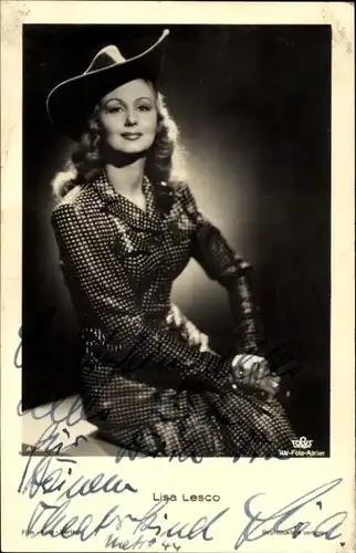 Ak Schauspielerin Lisa Lesco, Portrait, Autogramm, Hut, Tobis Film