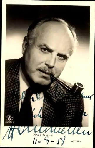 Ak Schauspieler Hans Nielsen, Portrait, Pfeife, Autogramm