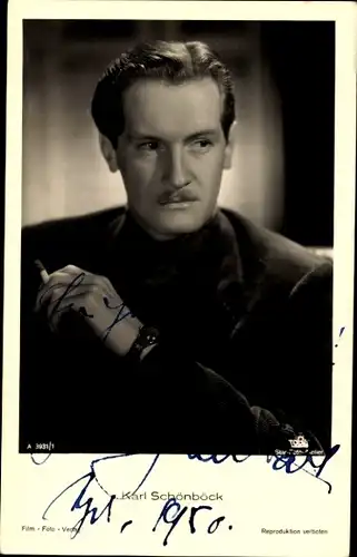 Ak Schauspieler Karl Schönböck, Portrait, Zigarette, Uhr, Tobis, Autogramm