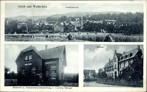 Ak Wetterfeld Laubach in Hessen, Schule, Totalansicht, Bäckerei, Kolonialwaren-Geschäft