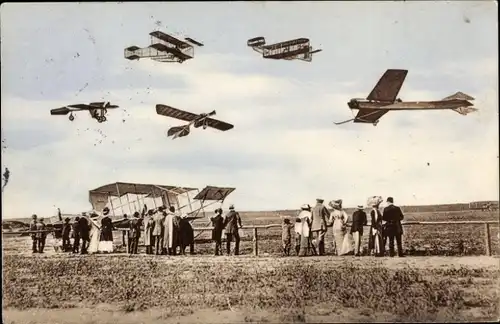Ak Flugzeuge, Doppeldecker, Zuschauer, Flugpioniere