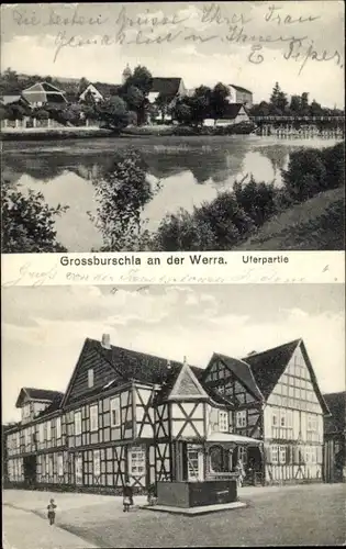 Ak Grossburschla a. d. Werra,Uferpartie, Fachwerkhäuser