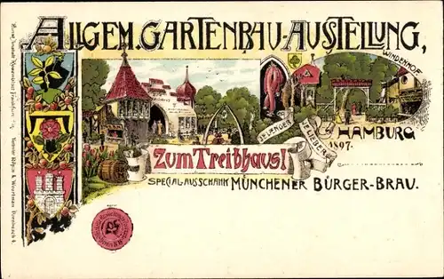 Litho Hamburg, Allg. Gartenbau-Ausstelllung 1897, Zum Treibhaus, Spezialausschank, Windenhof, Wappen