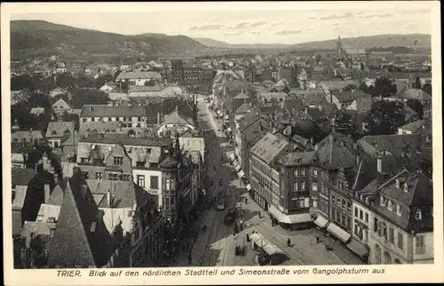 Ak Trier an der Mosel, nördlicher Stadtteil vom Gangolphsturm gesehen, Simeonstraße, Straßenbahn