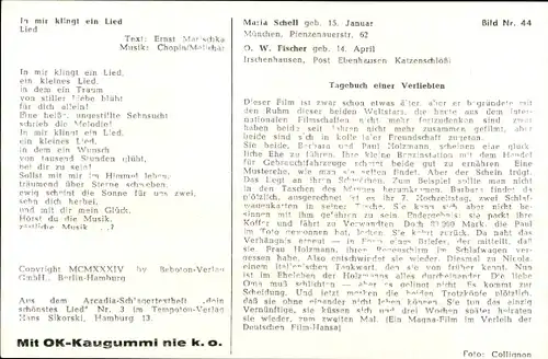 Sammelbild Schauspielerin Maria Schell, Schauspieler O. W. Fischer, Tagebuch einer Verliebten