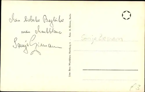 Ak Schauspielerin Sonja Ziemann, Portrait, Montblanc Füller, Autogramm