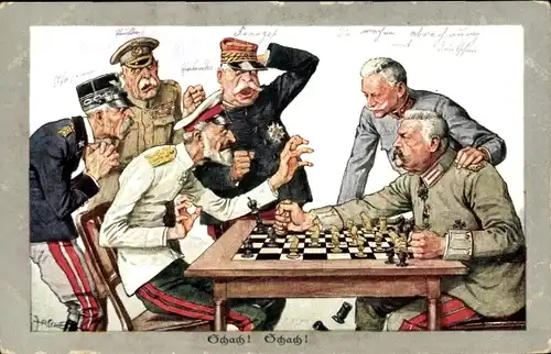 Künstler Ak Zasche, Schach, Hindenburg, Hötzendorf, Joffre, French, Cordona, Großfürst Romanow
