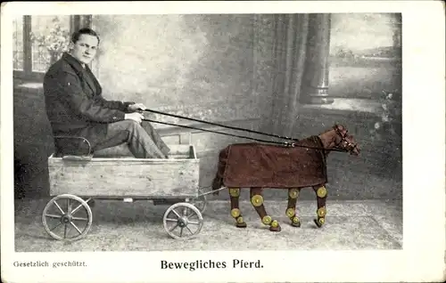Ak Bewegliches Pferd, Wagen vom Pferd mit Holzbeinen gezogen, Erfindung