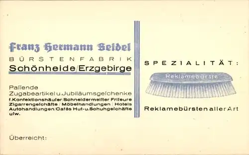 Ak Schönheide im Erzgebirge Sachsen, Franz Hermann Seidel Bürstenfabrik, Werbung