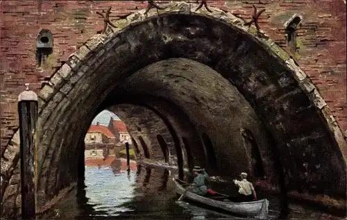 Künstler Ak Gerstenhauer, Johann Georg, niederländisches Motiv, Boot auf Kanal, Tunnel