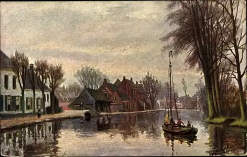 Künstler Ak Gerstenhauer, Johann Georg, niederländisches Motiv, Häuser am Kanal, Boot